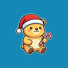 Cute Christmas Teddy Bear Cartoon with Candy Cane