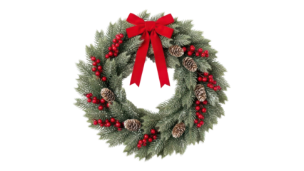 A beautiful artificial Christmas wreath featuring frosted pine branches, red berries, pinecones, and a classic red velvet bow, isolated on a black background.