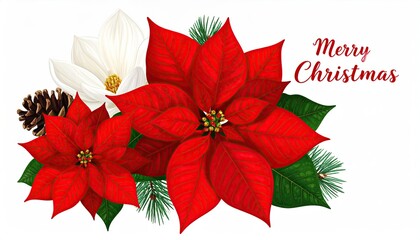 Festive Christmas floral arrangement with red poinsettias, white magnolia, pine, and pine cone.