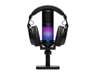 Black gaming microphone with colorful backlight and headphones on stand isolated on transparent background