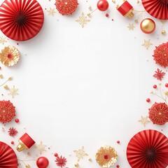 Chinese New Year festive frame with red and gold decorations on white background