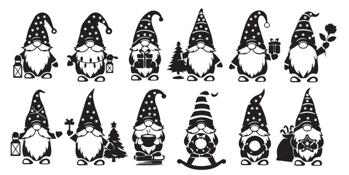 Christmas Gnomes Silhouettes Set: Holiday, Santa, and Scandinavian Elf Decoration Vector Icons