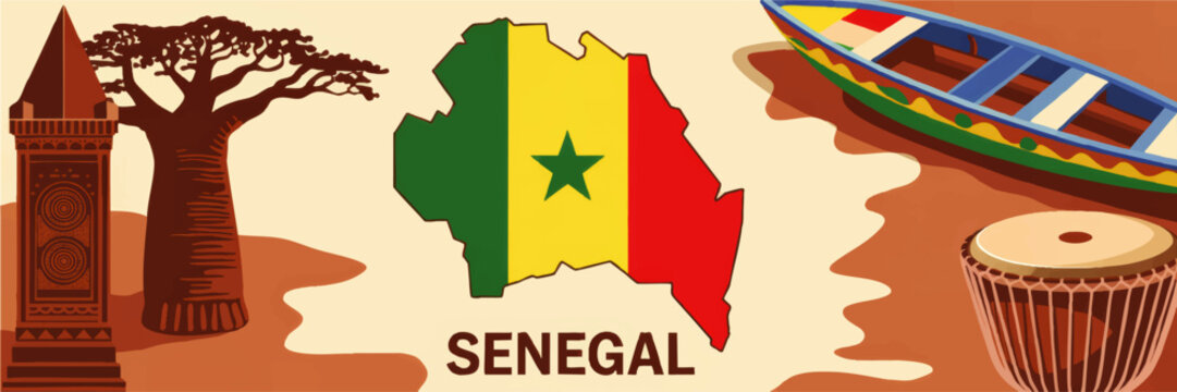 Senegal culture illustration with flag map, baobab tree, djembe drum, colorful pirogue boat and African monument