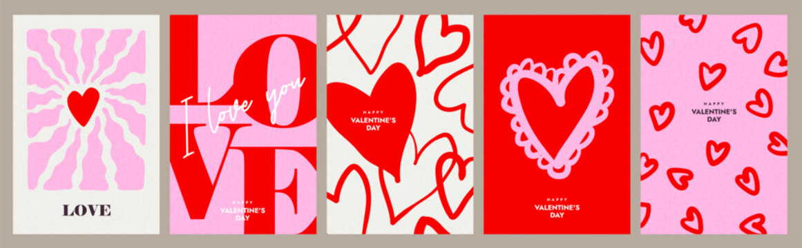 Creative concept of Happy Valentines Day cards set. Modern abstract art design with hearts shapes and typography design. Templates for celebration, ads, branding, banner, cover, label, poster, sales