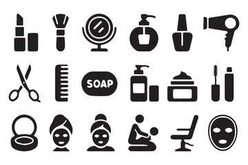 Cosmetics, Hair, and Spa Solid Icons Set: Make-up, Comb, Mirror, Scissors, Face Mask, and Massage