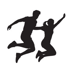 Silhouettes of a couple joyfully jumping and celebrating together in motion