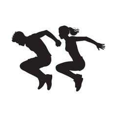 Silhouettes of a man and woman leaping and jumping in a dynamic pose