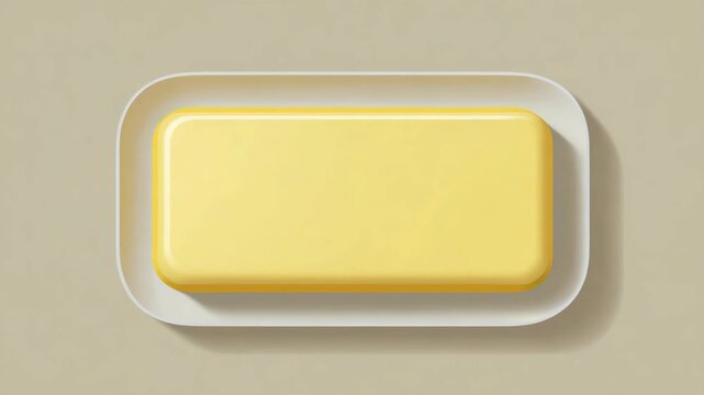 Yellow rectangular block of butter placed on a white dish, minimalistic style, beige background, concept of dairy or cooking ingredient