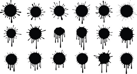 Black paint splash and dripping ink silhouette set with grunge splatter shapes, abstract messy vector elements for graffiti and creative background designs