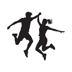 A joyful couple silhouetted in a dynamic moment of celebration and leaping