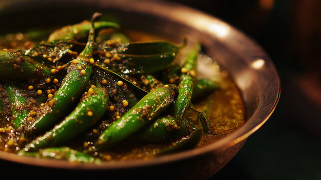 Green long chilies simmered in peanut-sesame rich gravy, earthy brown color, oil glistening, mustard seeds, curry leaves, traditional Hyderabadi bowl