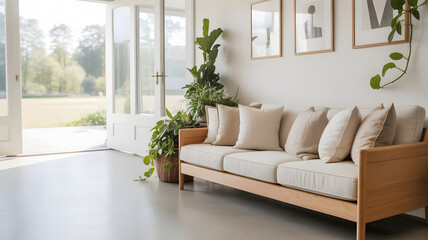 Fototapeta premium Modern living room with a neutral-toned sofa large windows overlooking a green landscape and lush indoor plants creating a bright serene space