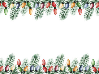 Seamless decorative christmas border with glowing lights and coniferous branches, illustration png element isolated on transparent background