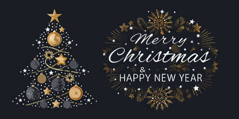Festive christmas tree and calligraphy with golden stars and snowflakes design