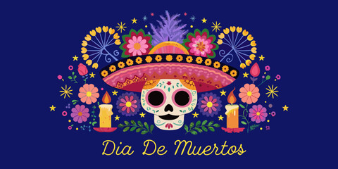Colorful dia de muertos skull with flowers candles and traditional hat