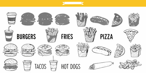A diverse collection of fast food items burgers tacos pizza and hot dogs