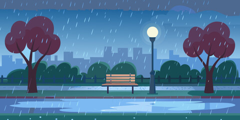 Rainy evening in the city park with a lamppost and trees © Rakesh