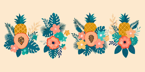 Tropical floral arrangements with pineapples papaya and lush green leaves © Rakesh