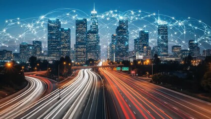Smart city network with glowing data connections over a busy urban highway at night - Powered by Adobe