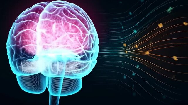 Dynamic 3D rendering of human brain showing neural activity and data transmission, illustrating concepts of artificial intelligence and digital consciousness in motion