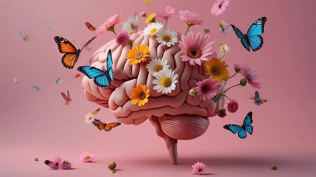 Artistic surreal video of a human brain blooming with colorful flowers and butterflies, symbolizing mental health growth, emotional healing, creativity, and positive mindset with Soft pink background.