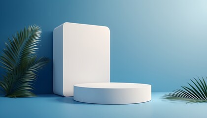 3D white round podium set background with light and shadow. Geometric composition in minimalist design. 3D studio display showroom product pedestal, fashion stage showcase mockup. 3D visualization