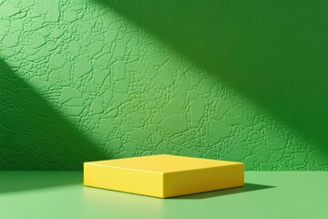 3d rendering empty mockup bright yellow block podium in landscape green textured wall