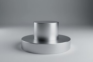 Empty silver metal podium or pedestal display on gray background with cylinder stand. Circular podium on gray studio background. Silver podium, product stand. 3d rendering.