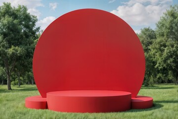 Realistic coral red 3D hexagon podium with circle frame backdrop scene. Minimalist mockup pedestal, Abstract cosmetic stand product display presentation, Stage for showcase. Platforms vector design.