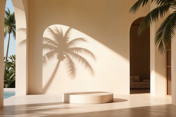 Natural shadow on a beige wall background for product presentation. Silhouette on beige background. Luxury summer architecture interior aesthetic. Modern tropical mockup design. 3d rendering.