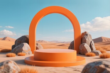 3d image rendering scene layout orange color curved cylinder podium in landscape semi-arch and rocks