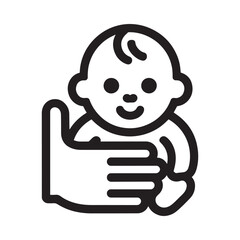 A simple line drawing depicts a baby being held by a caring hand