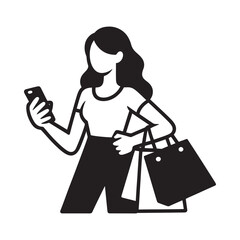 Woman with shopping bags using a smartphone simple black and white illustration