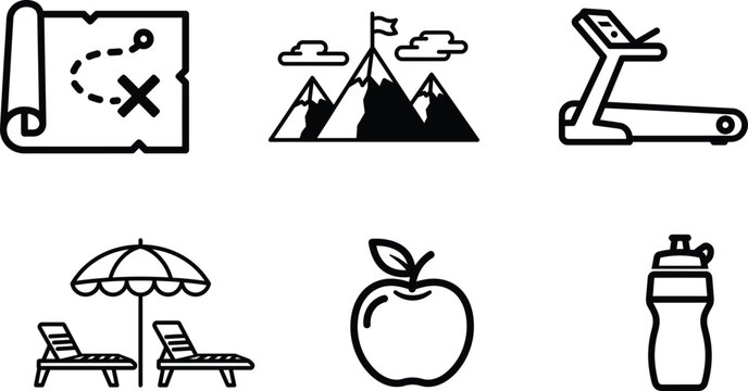 Diverse collection of linear icons representing adventure fitness travel relaxation and healthy lifestyle pursuits - Powered by Adobe