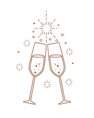 minimal champagne flutes clinking, thin line illustration, small sparkling accents, pastel or gold details, isolated on white, elegant new year party icon, vector clean style
