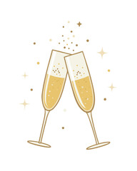 minimal champagne flutes clinking, thin line illustration, small sparkling accents, pastel or gold details, isolated on white, elegant new year party icon, vector clean style
