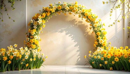 spring photography backdrop with white arch and daffodil flowers background 