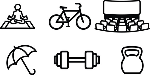Set of minimalist black outline icons representing various lifestyle fitness and entertainment activities and objects for modern design projects
