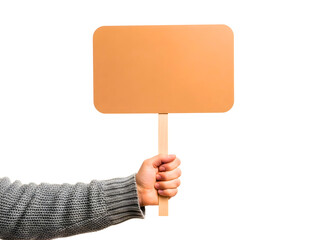 Person holding a blank orange sign isolated on transparent background
