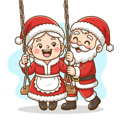 Cute Cartoon Santa Claus and Mrs. Claus on Swing: Romantic Christmas Couple Vector Illustration