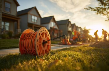 Construction workers install fiber optic cable