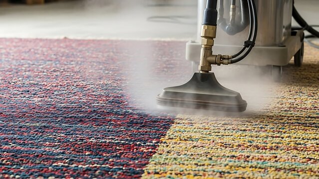 A carpet cleaning machine is steaming and cleaning a dirty rug, showing a clear difference between the cleaned and uncleaned sections. - Powered by Adobe