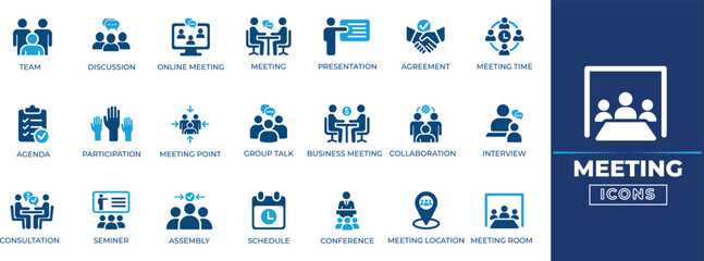 Meeting icon set featuring conferences, teamwork, conference, discussion, meet, seminar, group, job, leadership, manager, resource, team, ,and collaboration symbols for business use. © SokretiRani