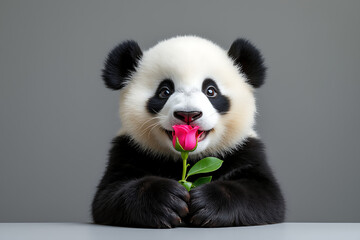 Fototapeta premium Close-up of a happy panda holding a pink rose to its mouth, with a cheerful expression, isolated against a neutral grey background, conveying delight.