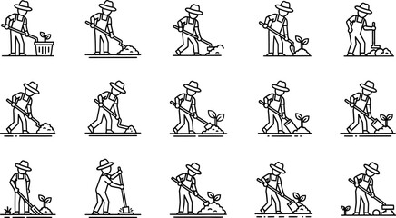 A set of Crouching Vector. Country Farmers & Gardeners editable line drawings in vector