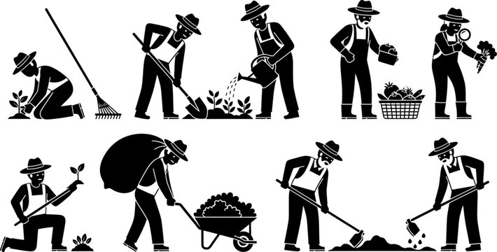 Country Farmers & Gardeners &ndash; Editable Vector Silhouette Set of Florists, Growers, and Rural People