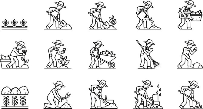 A set of Crouching Vector. Country Farmers & Gardeners editable line drawings in vector