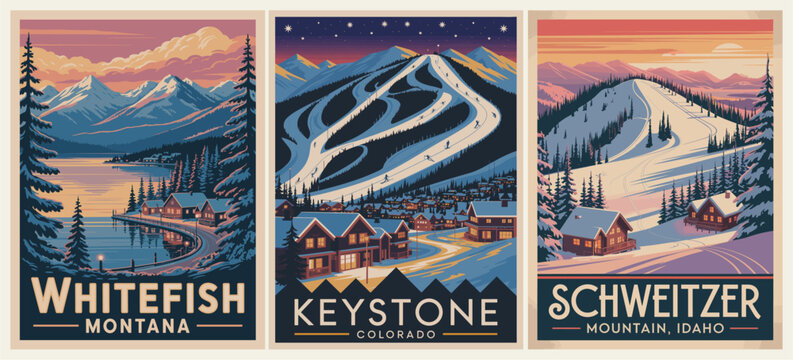 Retro-style triptych showcasing Whitefish, Keystone, and Schweitzer with snow-covered mountains, cabins, ski slopes, and dramatic skies.