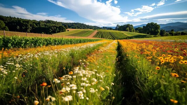 Vibrant Wildflower Meadow with Varied Hues Under a Blue Sky and Rolling Hills Landscape