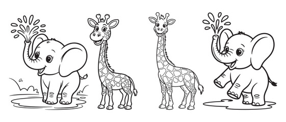 Cartoon Elephants and Giraffes in Playful Zoo Scene